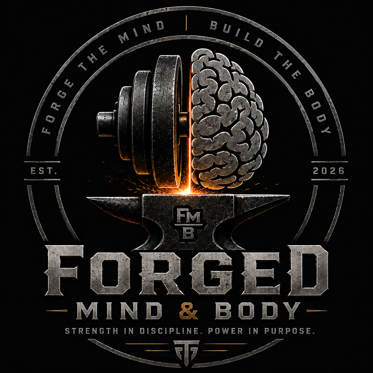 Forged Mind and Body logo: a dumbbell and brain forged together on an anvil